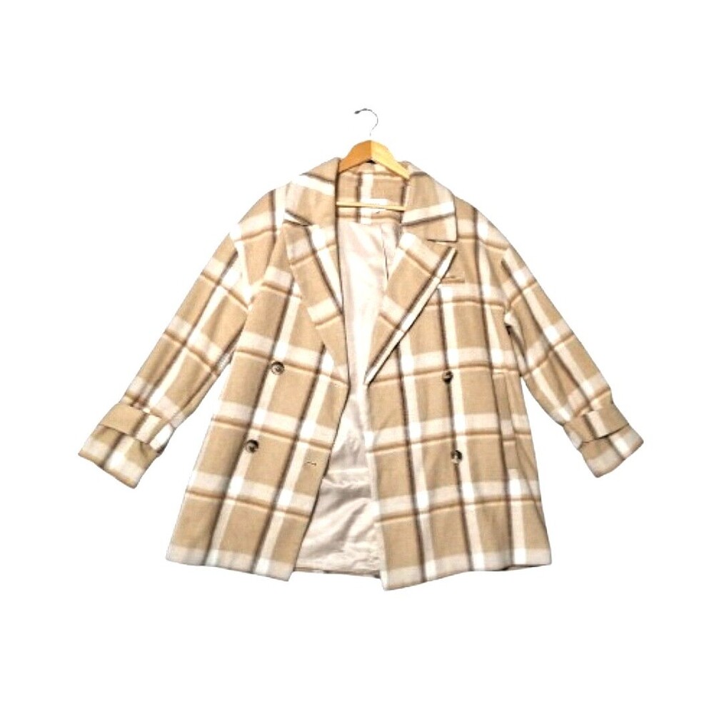 NWT MAISON STELLA & SUZIE Berlioze Plaid Coat Jacket Sz 36 Tan Cream Beige